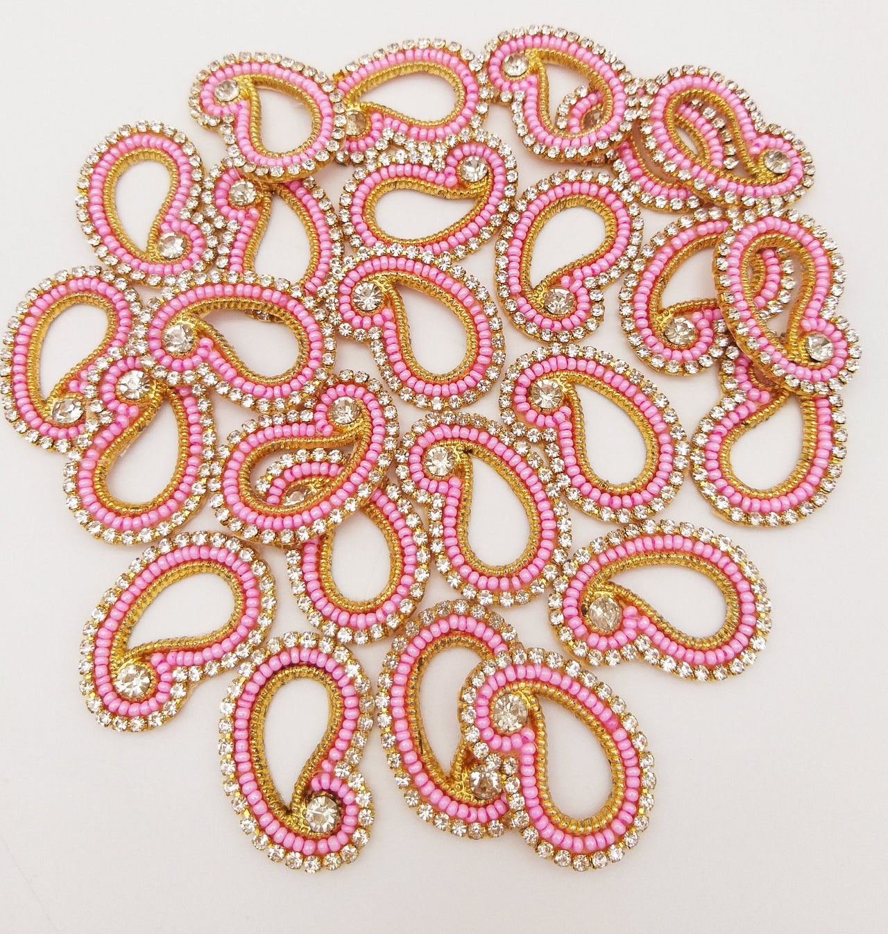 5 Paisley Appliques In Pink Seed Beads and Rhinestones, Gold Paisley Appliques, Beaded Applique