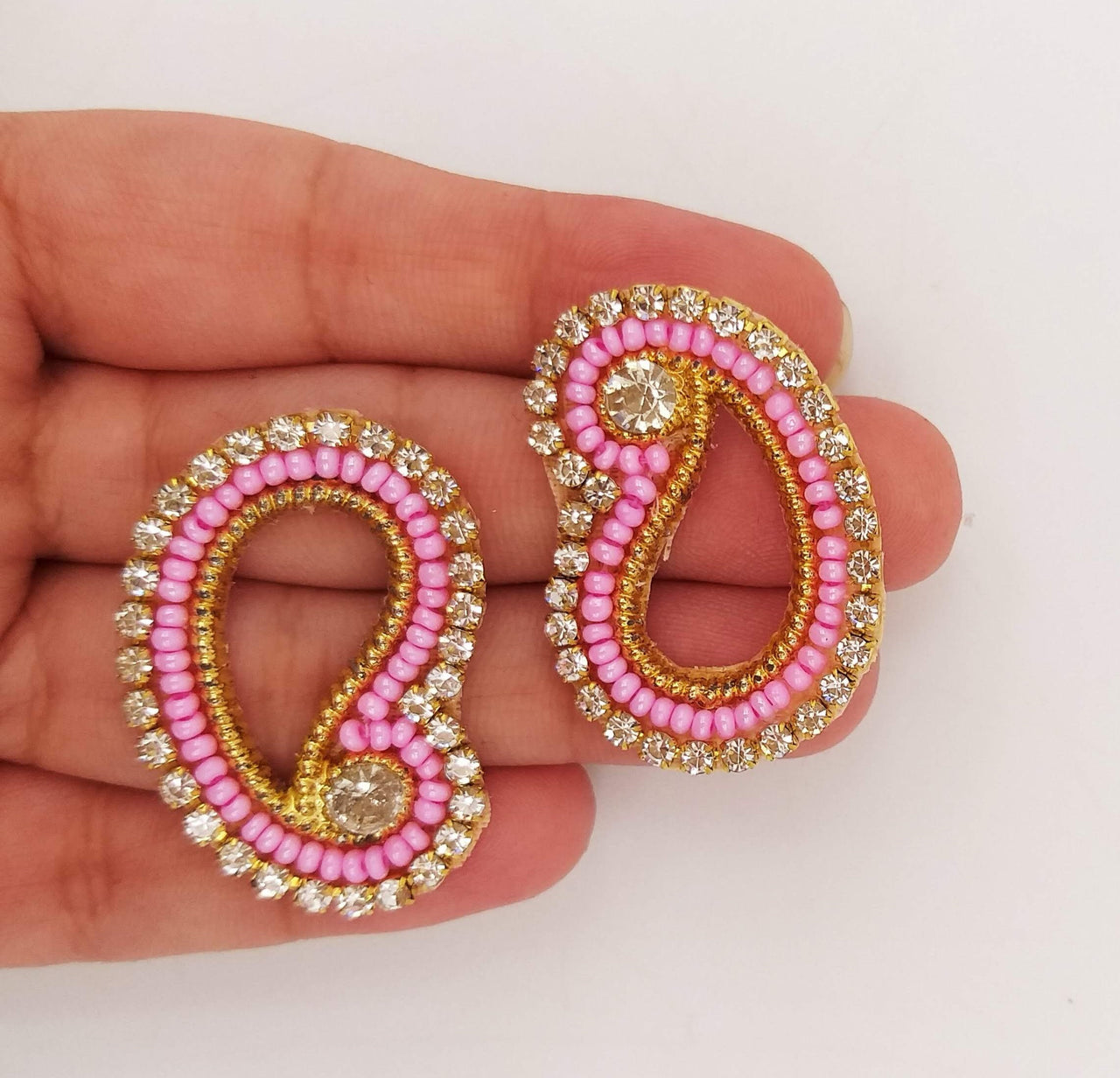 5 Paisley Appliques In Pink Seed Beads and Rhinestones, Gold Paisley Appliques, Beaded Applique