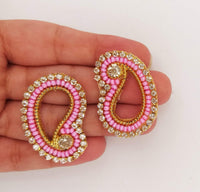 Thumbnail for 5 Paisley Appliques In Pink Seed Beads and Rhinestones, Gold Paisley Appliques, Beaded Applique