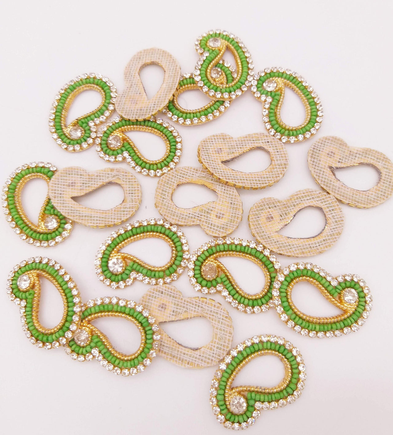 5 Paisley Appliques In Green Seed Beads and Rhinestones, Gold Tiny Paisley Appliques, Beaded Applique