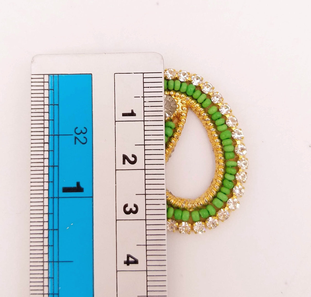 5 Paisley Appliques In Green Seed Beads and Rhinestones, Gold Tiny Paisley Appliques, Beaded Applique