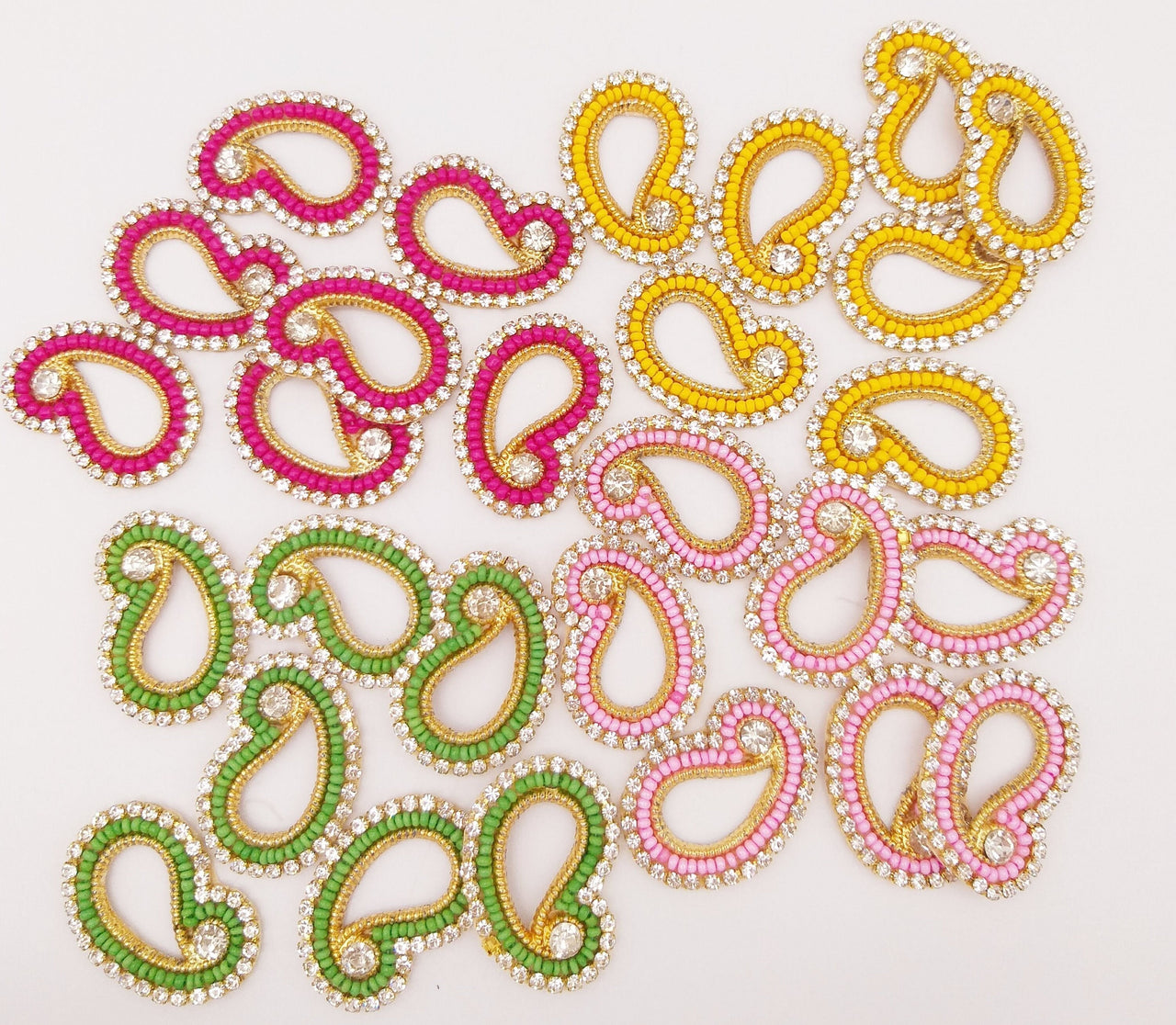 5 Paisley Appliques In Pink Seed Beads and Rhinestones, Gold Paisley Appliques, Beaded Applique