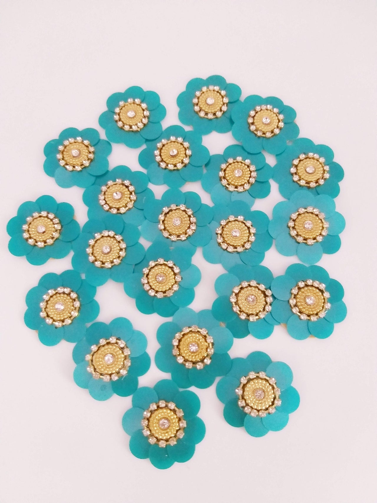 5 Teal Blue Floral Applique, Sequins and Rhinestone Appliques, Headband Applique