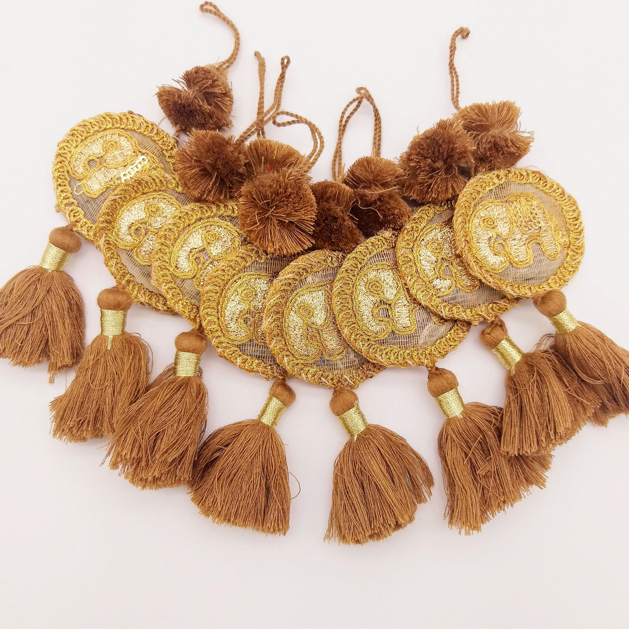 Set of 2 Hand Embroidered Tassels, Brown and Gold Tassels, Indian Tassels