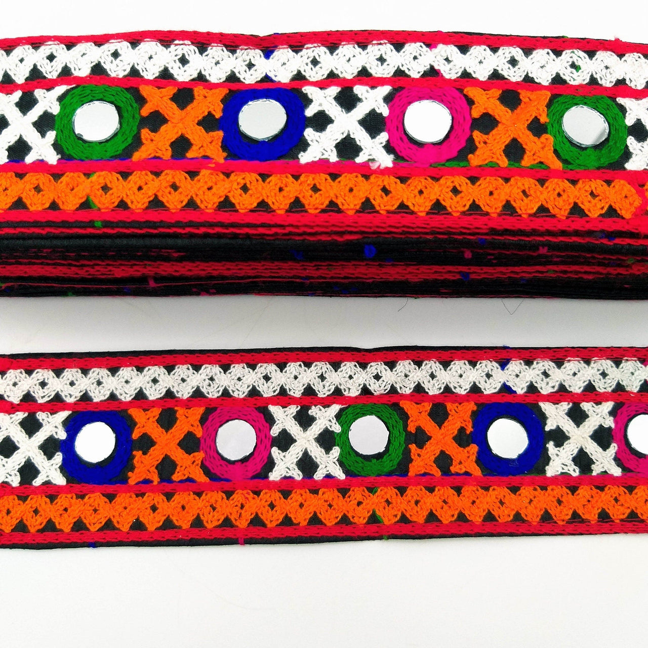 Black Cotton Fabric Trim with Multicolor Embroidery and Real Mirror, Kutch Embroidery Trim, Mirror Lace