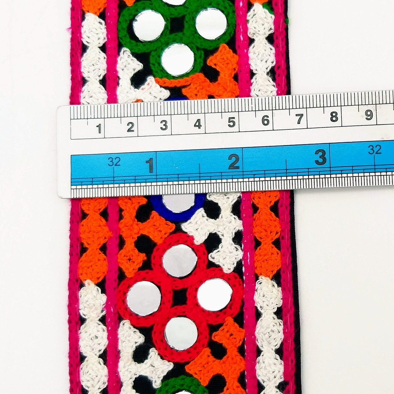 Black Cotton Fabric Trim with Multicolor Embroidery and Real Mirror, Kutch Embroidery Trim, Mirror Lace