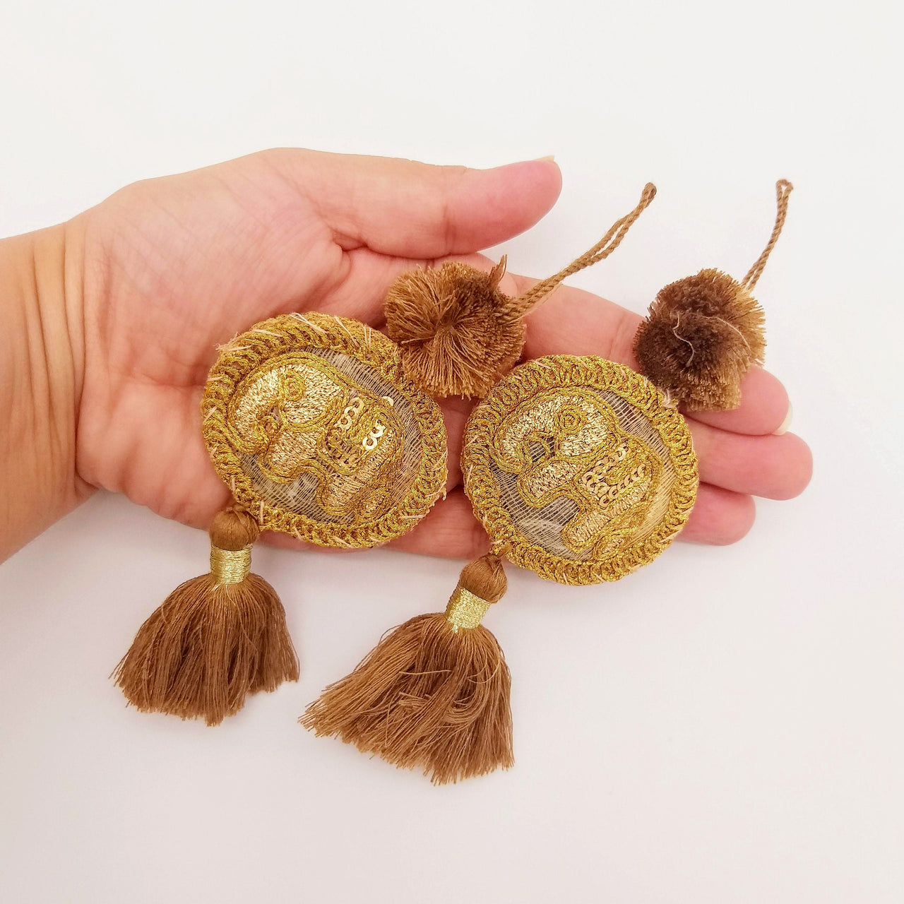 Set of 2 Hand Embroidered Tassels, Brown and Gold Tassels, Indian Tassels