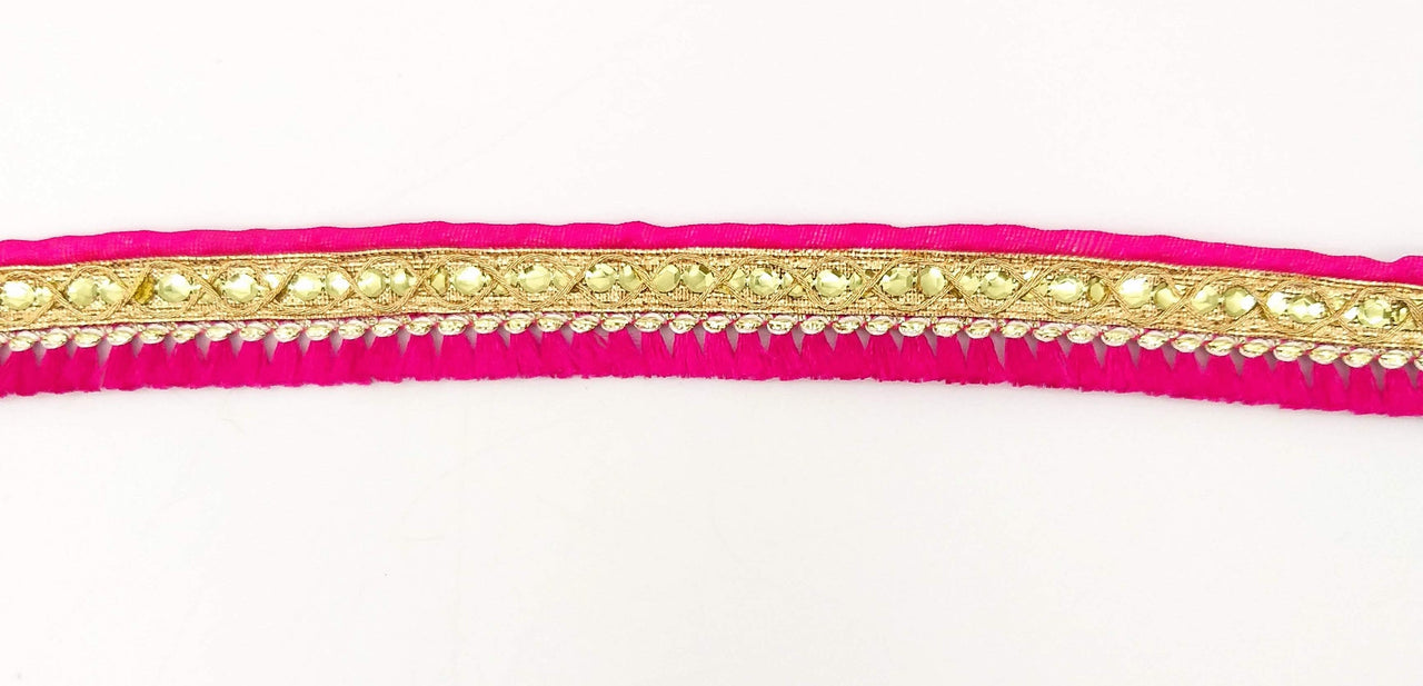 Fuchsia Pink Tassels Trim, Gold Fringe Trim, Beaded Trim