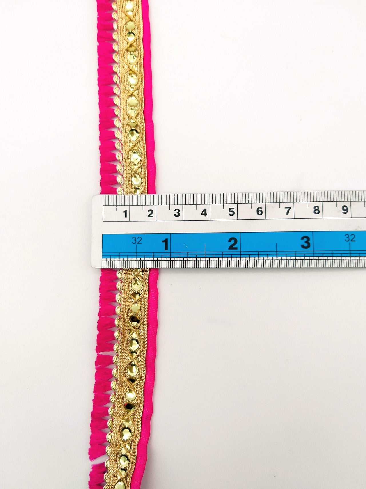 Fuchsia Pink Tassels Trim, Gold Fringe Trim, Beaded Trim