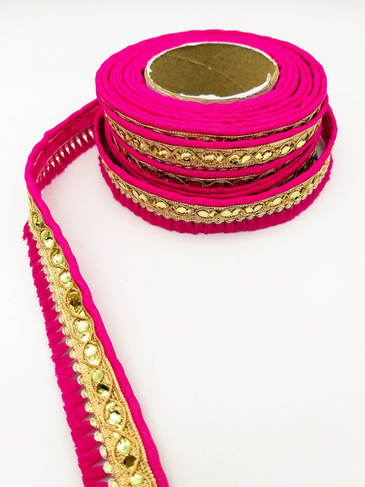 Fuchsia Pink Tassels Trim, Gold Fringe Trim, Beaded Trim