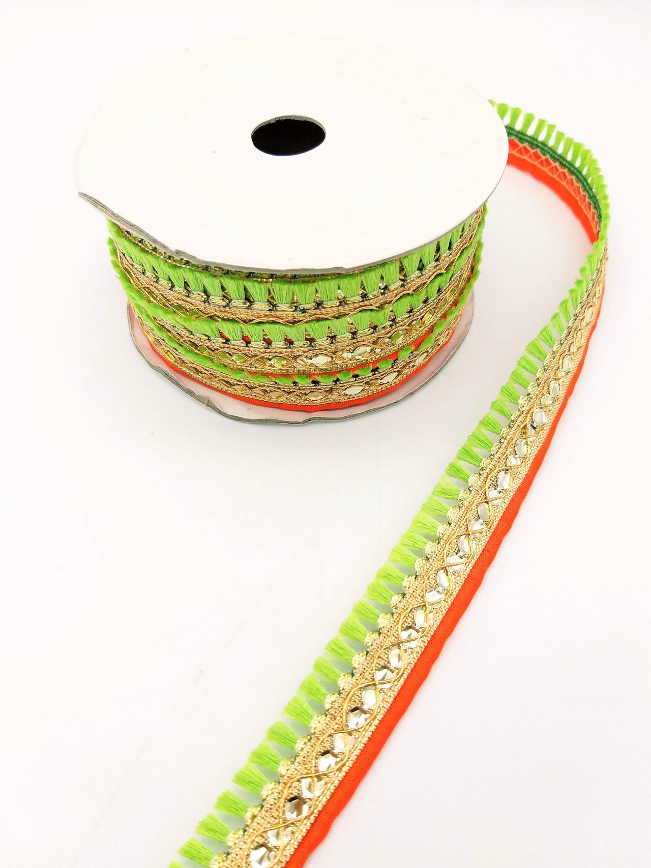 Green Tassels Trim, Orange and Gold Fringe Trim, Beaded Trim, Sari Trim, Decorative Trim, Fringing Tape Trim By 3 Yards