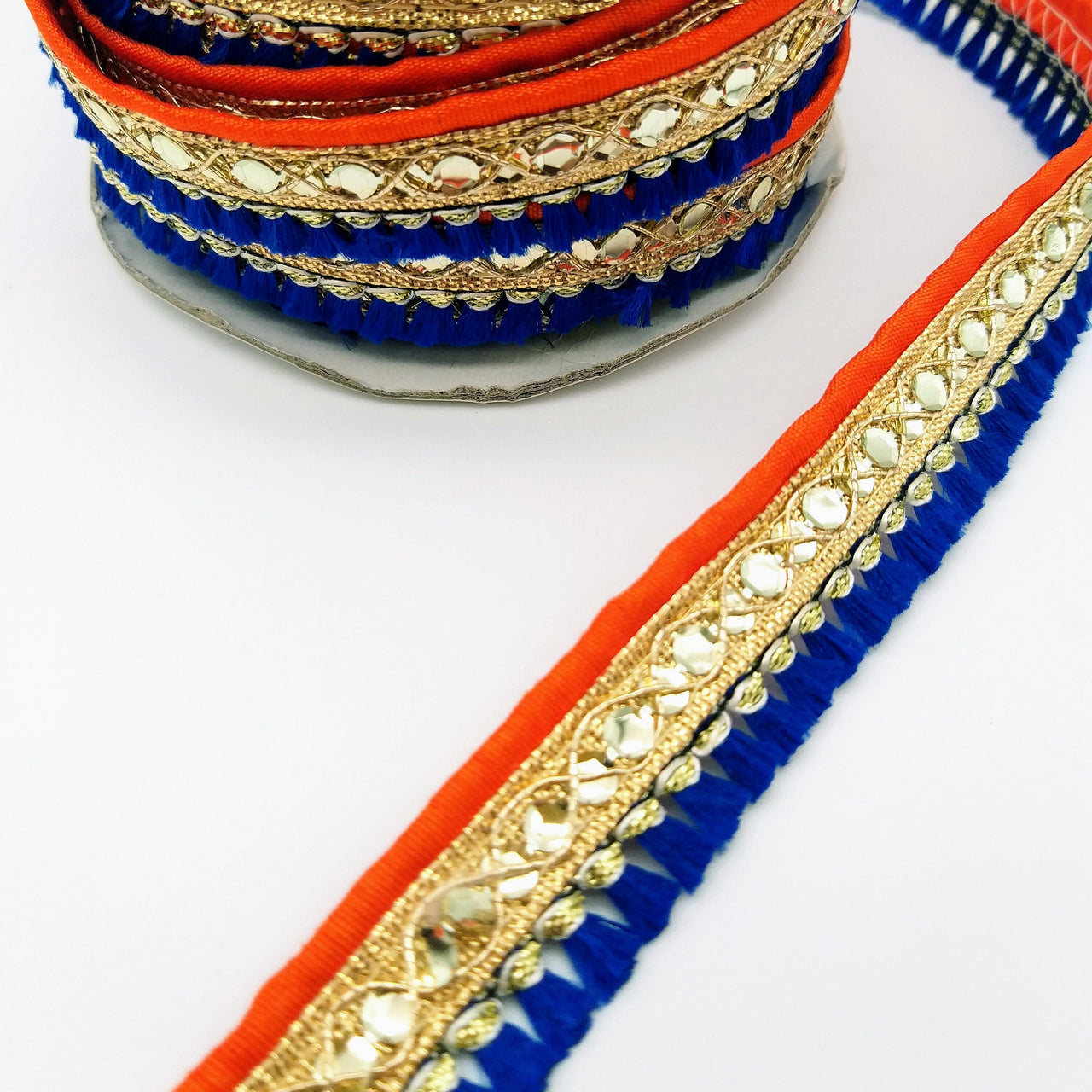 Royal Blue Tassels Trim, Orange and Gold Fringe Trim, Beaded Trim