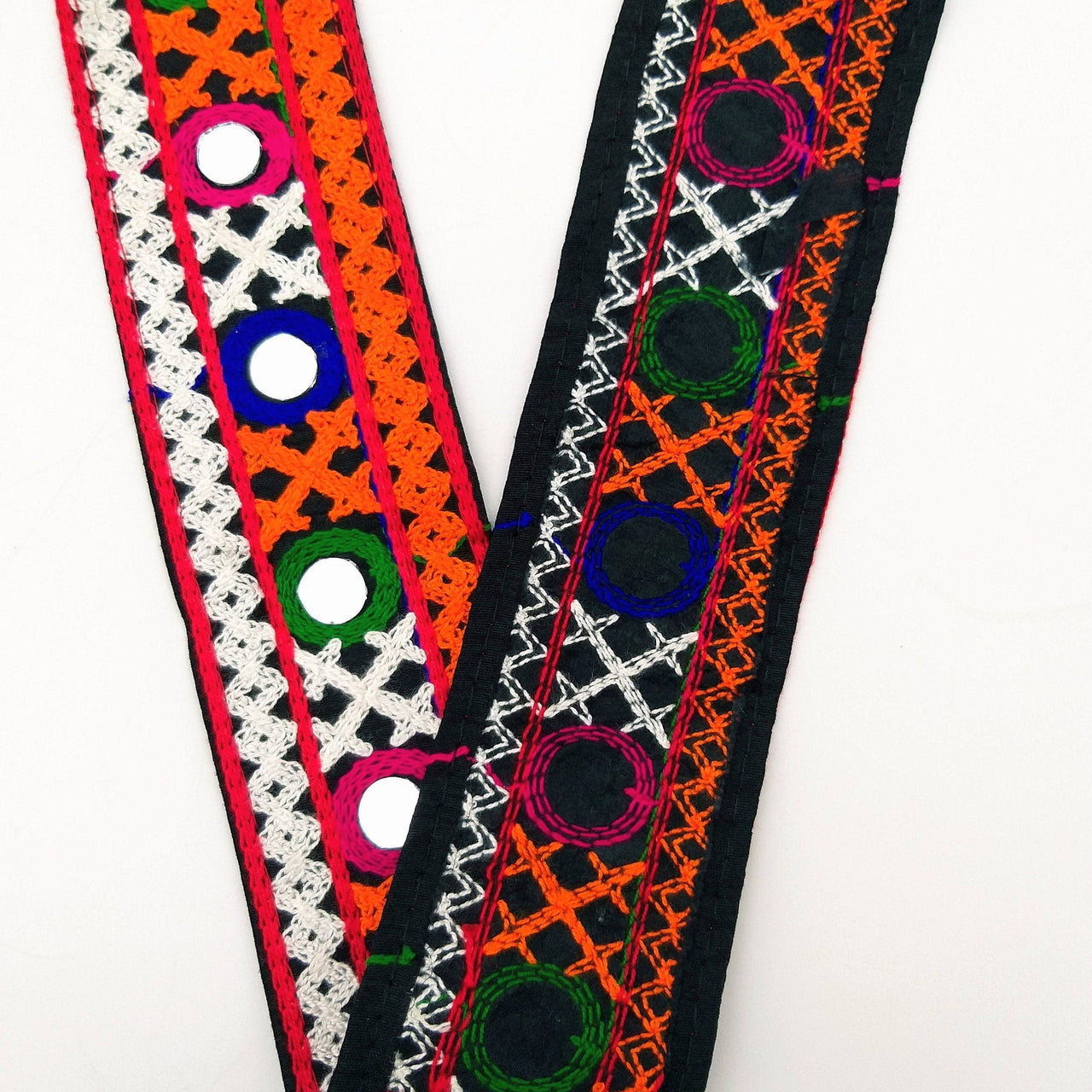 Black Cotton Fabric Trim with Multicolor Embroidery and Real Mirror, Kutch Embroidery Trim, Mirror Lace