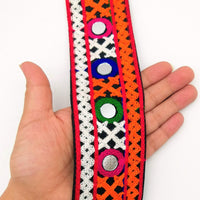 Thumbnail for Black Cotton Fabric Trim with Multicolor Embroidery and Real Mirror, Kutch Embroidery Trim, Mirror Lace