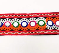 Thumbnail for Black Cotton Fabric Trim with Multicolor Embroidery and Real Mirror, Kutch Embroidery Trim, Mirror Lace