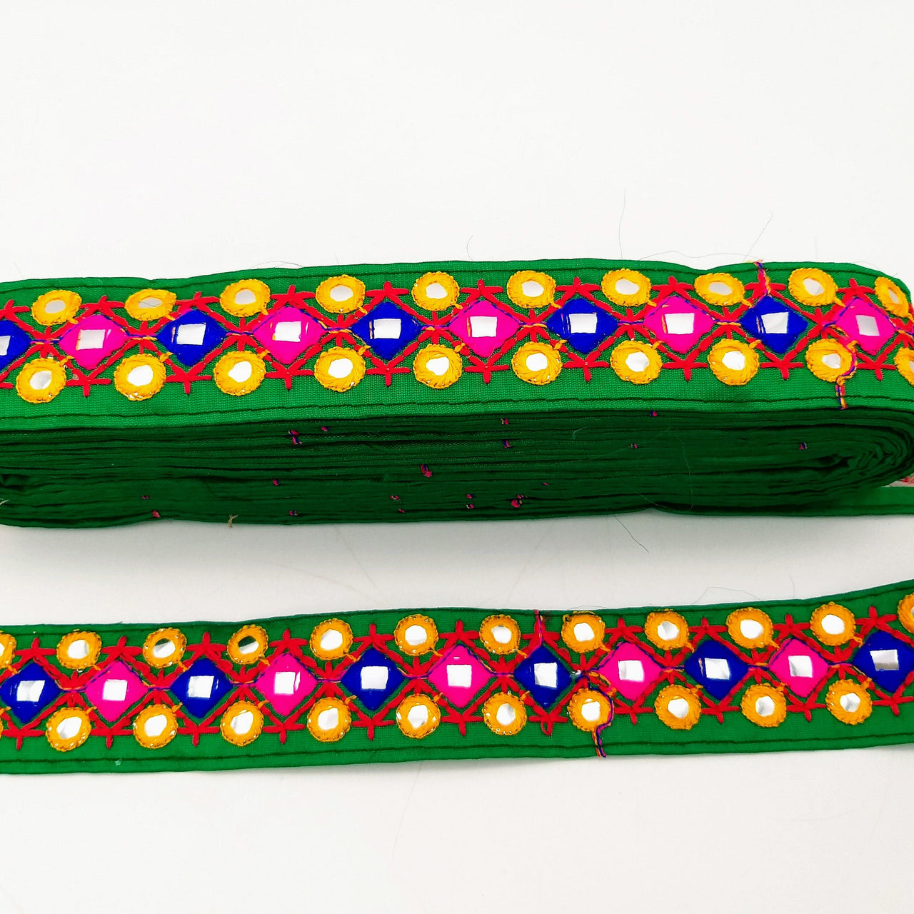 Green Multicoloured Indian Mirror Trim, Kutch Embroidered Navratri Garba Dress Trim Bridal Lace, Indian Sari Border 35 mm Wide Trim Per Yard