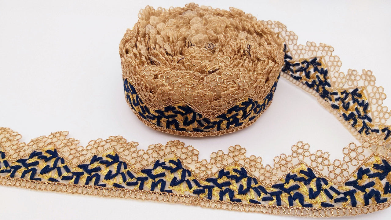 Gold Sheer Tissue Fabric Cutwork Trim with Embroidery in Gold and Navy Blue, Scallop Trim, Fringe Trim