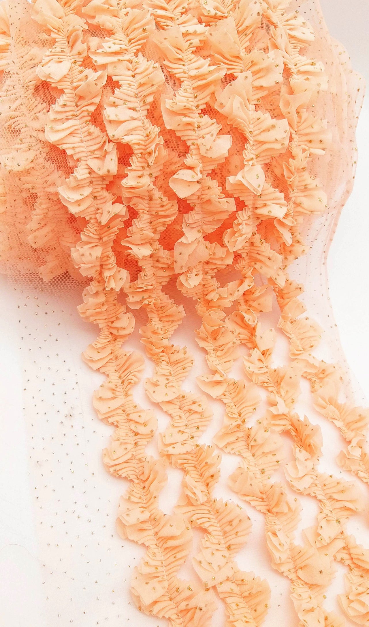 Peach Chiffon And Net Silk Fabric Trim, Peach Ruffles Trim, Five Layers Ruffle Pleated Approx. 9 inches Wide