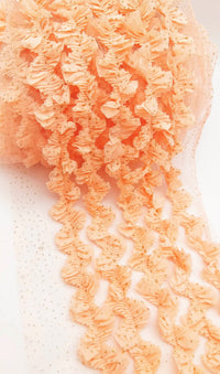 Thumbnail for Peach Chiffon And Net Silk Fabric Trim, Peach Ruffles Trim, Five Layers Ruffle Pleated Approx. 9 inches Wide