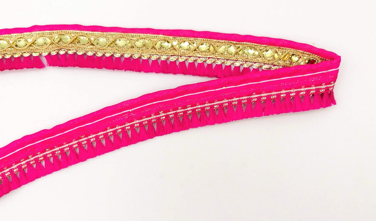 Fuchsia Pink Tassels Trim, Gold Fringe Trim, Beaded Trim