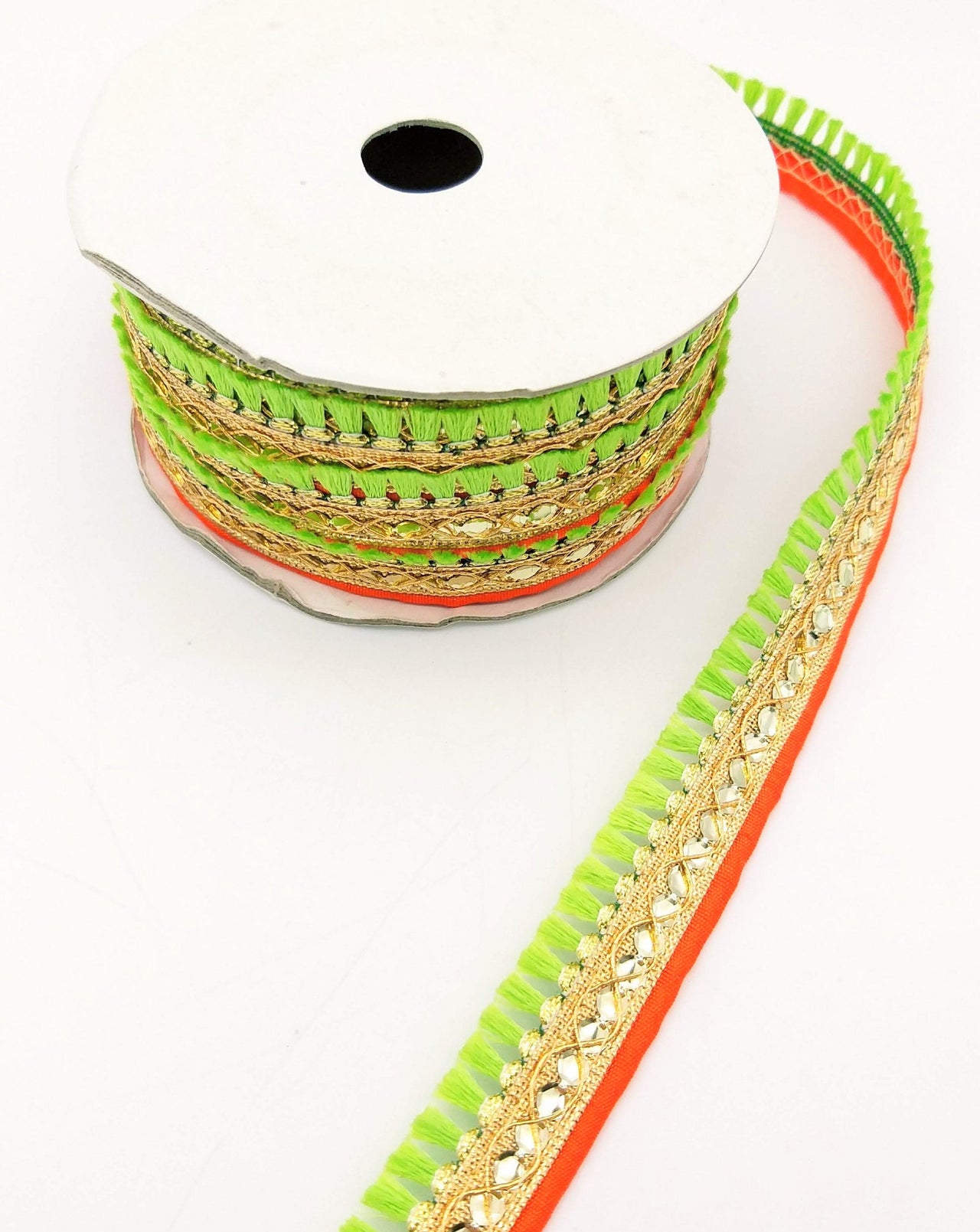 Green Tassels Trim, Orange and Gold Fringe Trim, Beaded Trim, Sari Trim, Decorative Trim, Fringing Tape Trim By 3 Yards