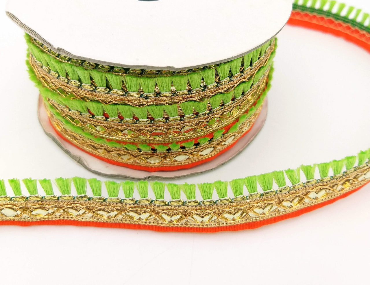 Green Tassels Trim, Orange and Gold Fringe Trim, Beaded Trim, Sari Trim, Decorative Trim, Fringing Tape Trim By 3 Yards