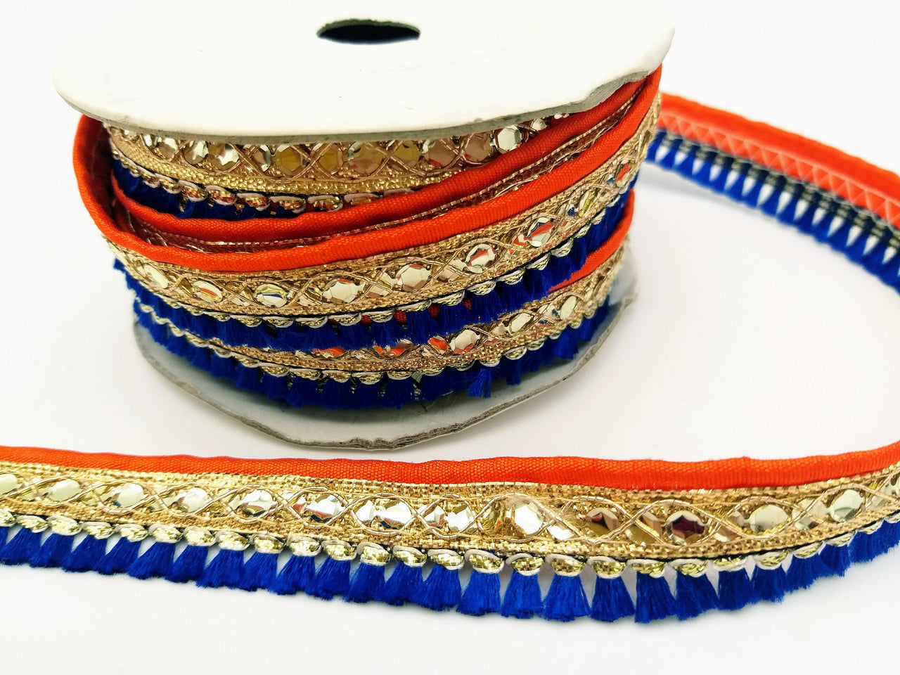 Royal Blue Tassels Trim, Orange and Gold Fringe Trim, Beaded Trim