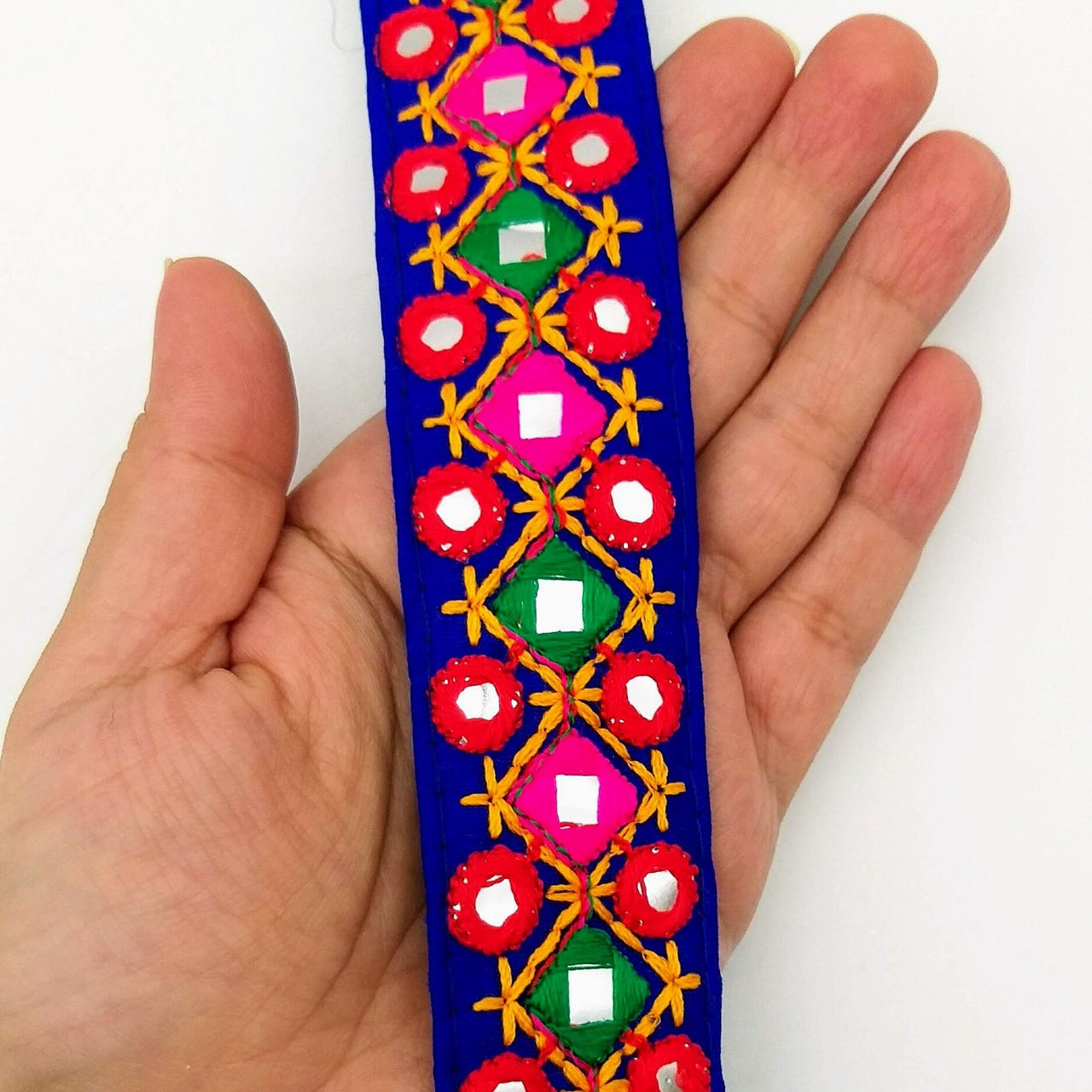 Blue Multicoloured Indian Mirror Trim Kutch Embroidered Navratri Garba Dress Trim Bridal Lace, Indian Sari Border 34 mm Wide Trim Per Yard