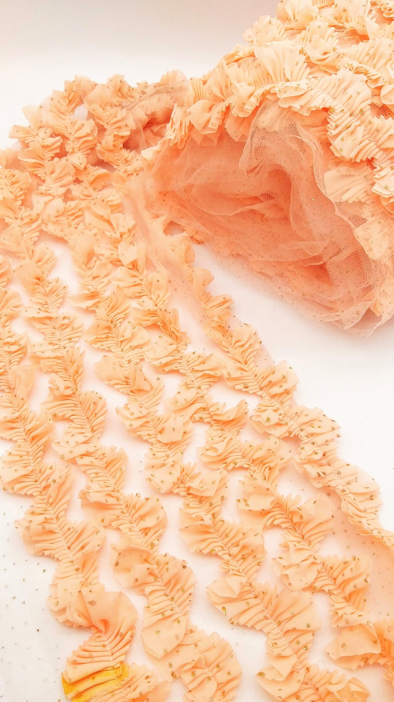 Peach Chiffon And Net Silk Fabric Trim, Peach Ruffles Trim, Five Layers Ruffle Pleated Approx. 9 inches Wide