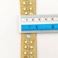 Thumbnail for Beige Art Silk Trim With Kundan Stones, Beads And Mirrors Embellishments, Approx. 22mm