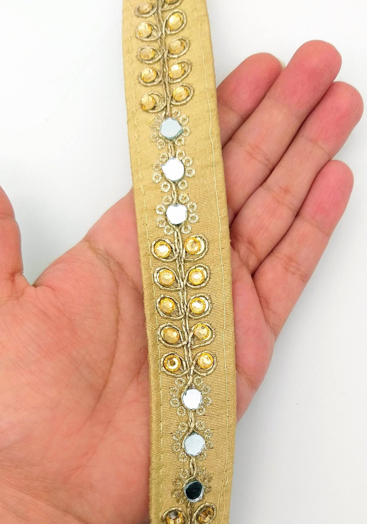 Beige Art Silk Trim With Kundan Stones, Beads And Mirrors Embellishments, Approx. 22mm