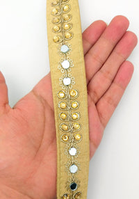 Thumbnail for Beige Art Silk Trim With Kundan Stones, Beads And Mirrors Embellishments, Approx. 22mm