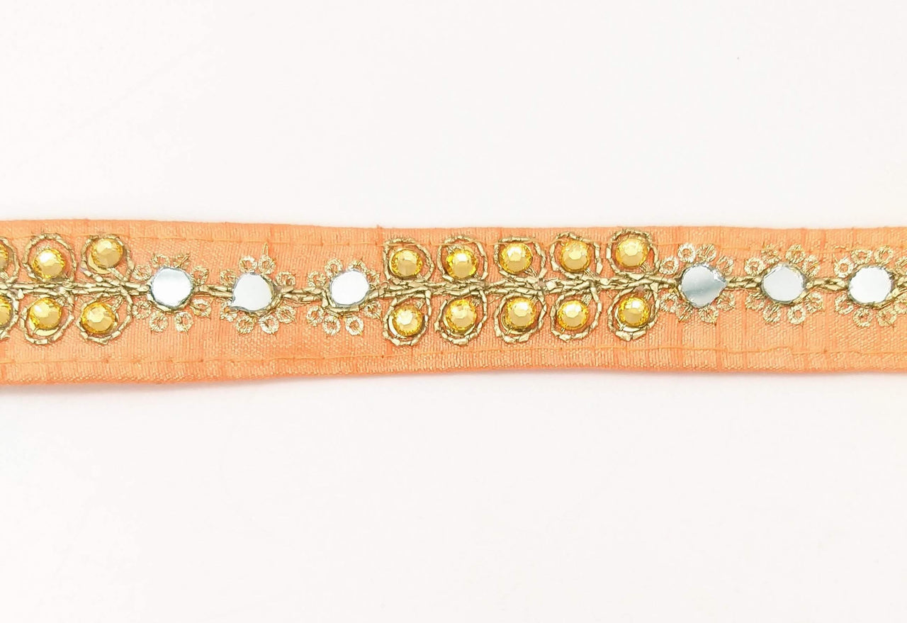 Peach Art Silk Trim With Kundan Stones, Beads And Mirrors Embellishments, Approx. 22mm