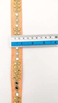 Thumbnail for Peach Art Silk Trim With Kundan Stones, Beads And Mirrors Embellishments, Approx. 22mm