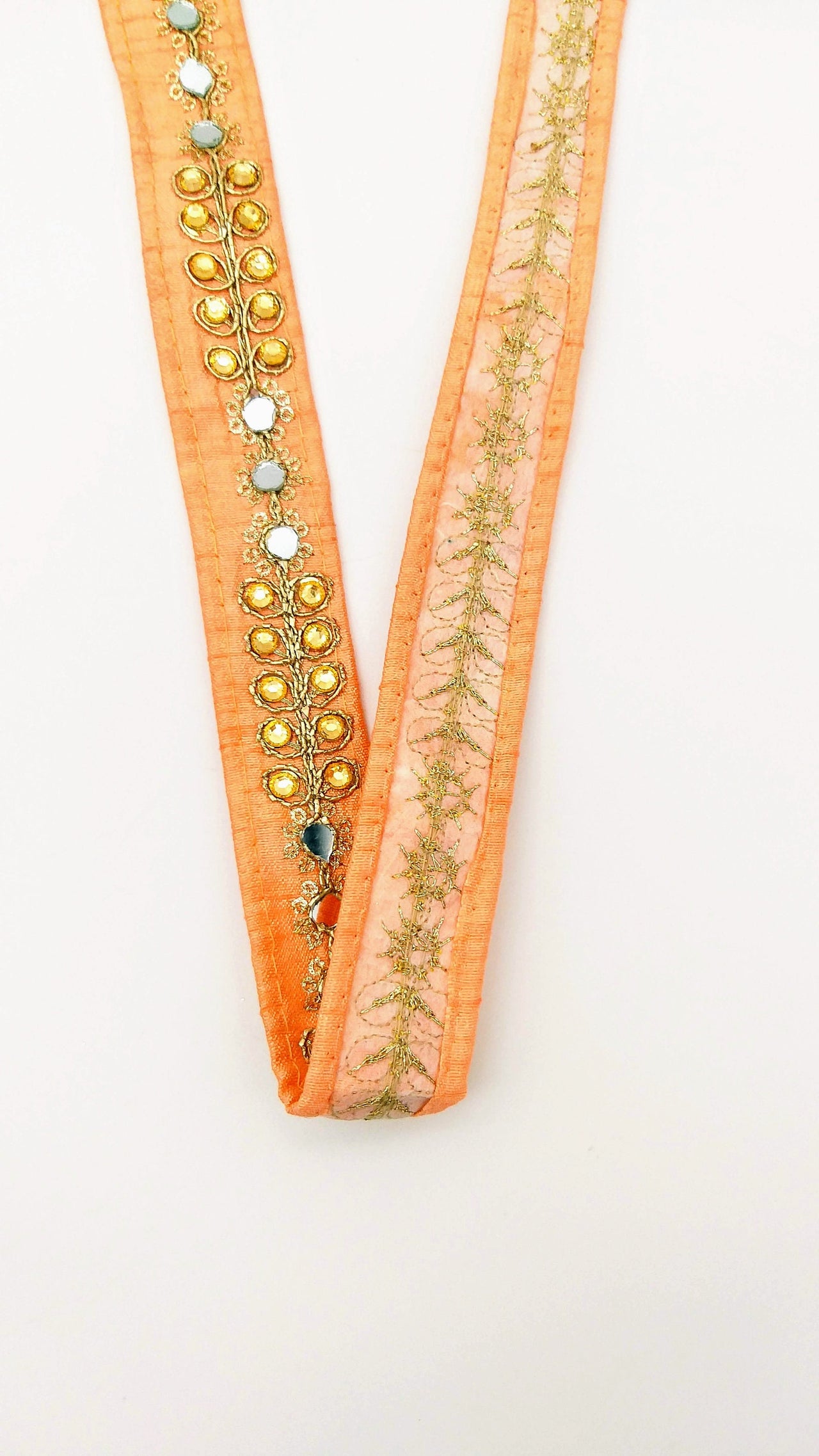 Peach Art Silk Trim With Kundan Stones, Beads And Mirrors Embellishments, Approx. 22mm