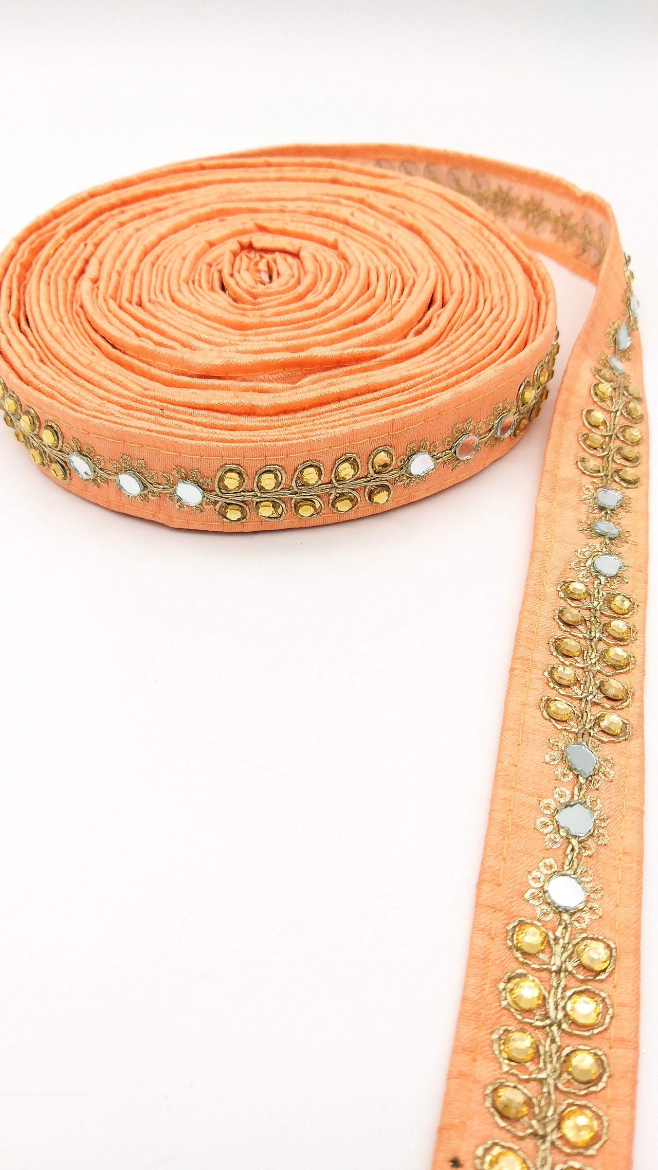 Peach Art Silk Trim With Kundan Stones, Beads And Mirrors Embellishments, Approx. 22mm