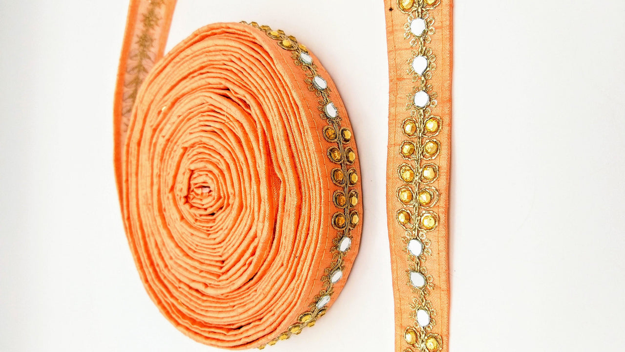 Peach Art Silk Trim With Kundan Stones, Beads And Mirrors Embellishments, Approx. 22mm