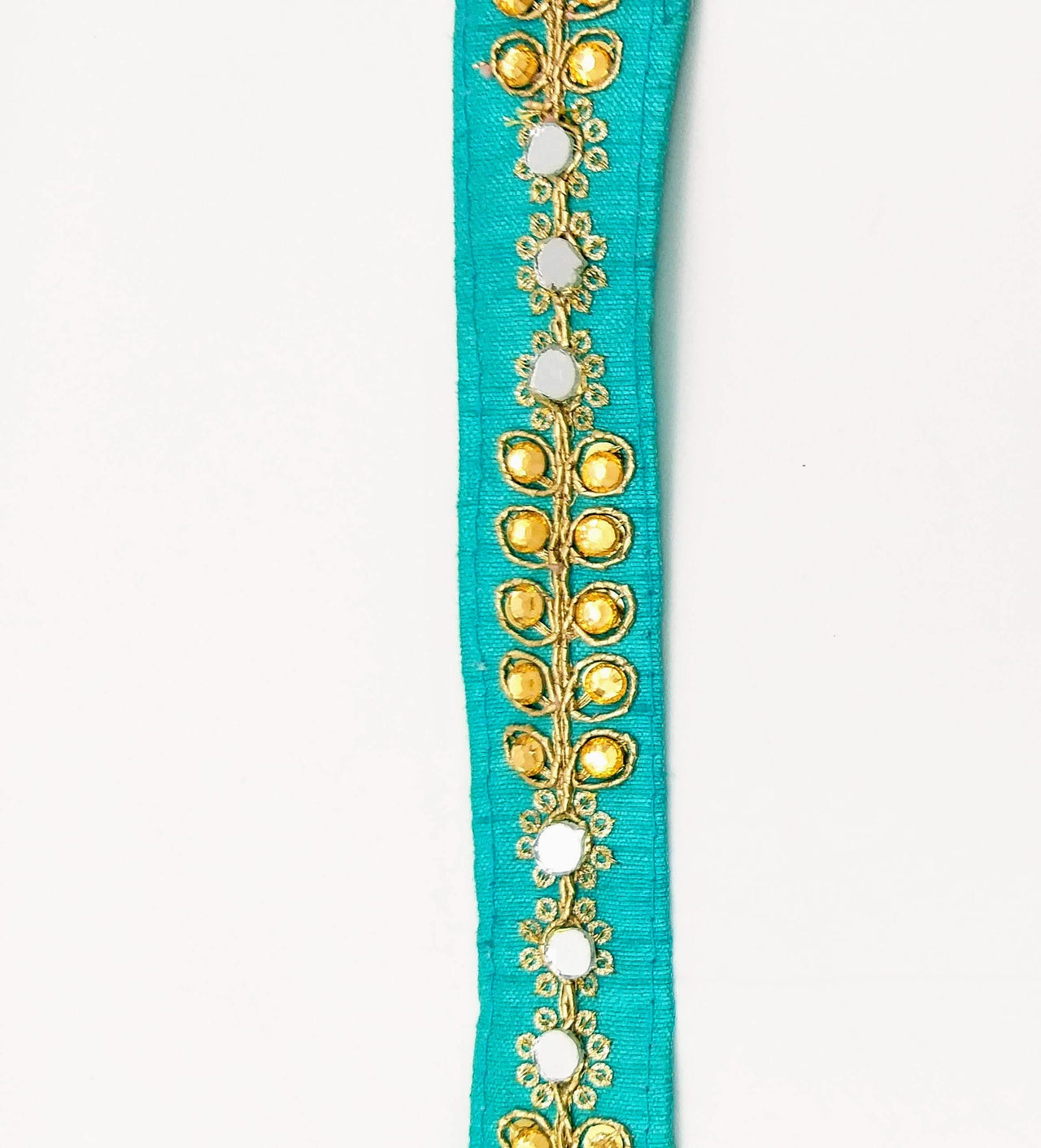 Cyan Blue Art Silk Trim With Kundan Stones, Beads And Mirrors Embellishments, Approx. 22mm