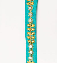 Thumbnail for Cyan Blue Art Silk Trim With Kundan Stones, Beads And Mirrors Embellishments, Approx. 22mm