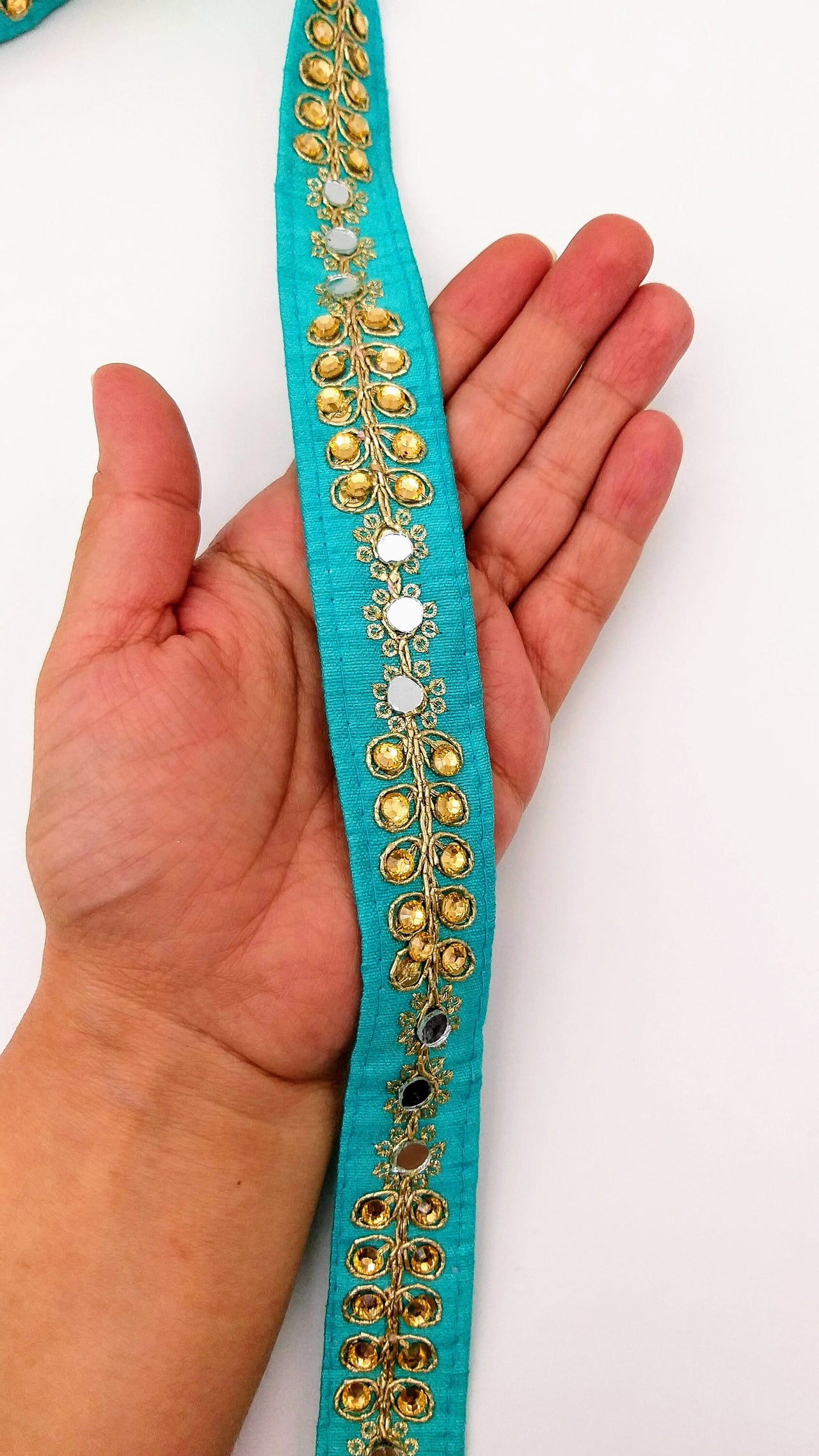 Cyan Blue Art Silk Trim With Kundan Stones, Beads And Mirrors Embellishments, Approx. 22mm