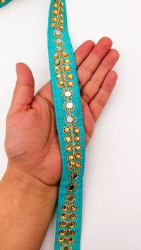 Thumbnail for Cyan Blue Art Silk Trim With Kundan Stones, Beads And Mirrors Embellishments, Approx. 22mm