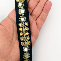 Thumbnail for Black Art Silk Trim With Kundan Stones, Beads And Mirrors Embellishments, Approx. 22mm