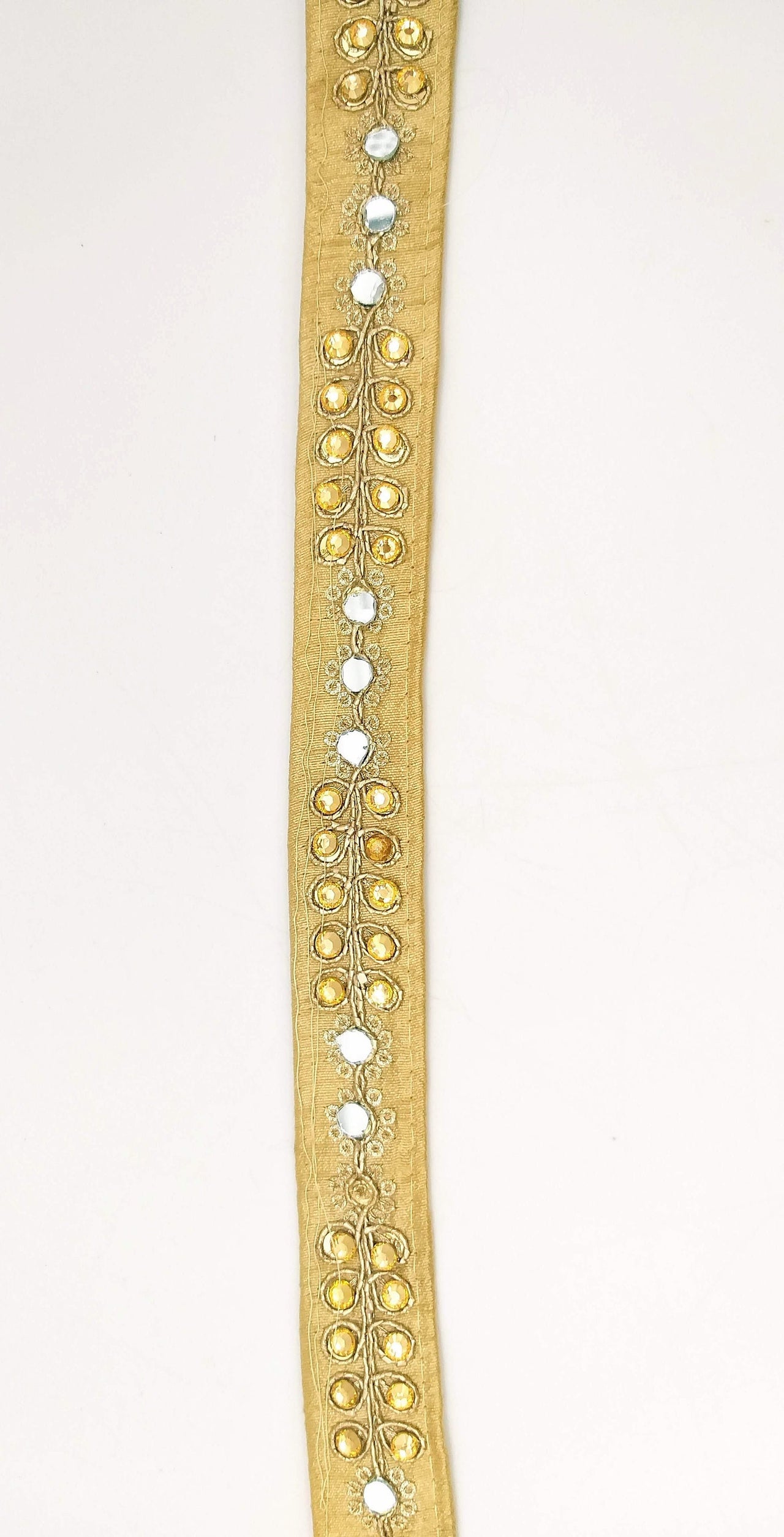 Beige Art Silk Trim With Kundan Stones, Beads And Mirrors Embellishments, Approx. 22mm