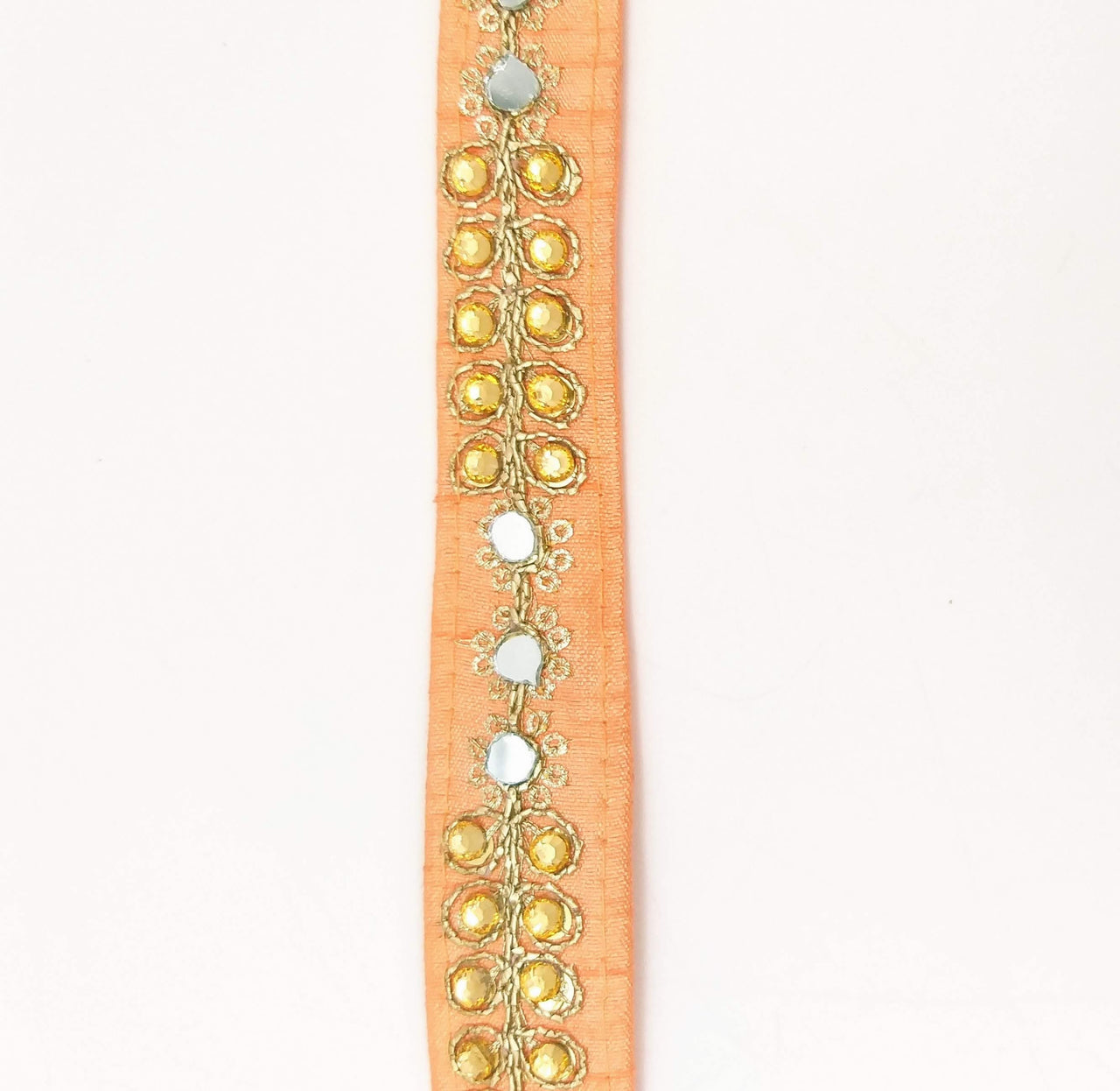 Peach Art Silk Trim With Kundan Stones, Beads And Mirrors Embellishments, Approx. 22mm