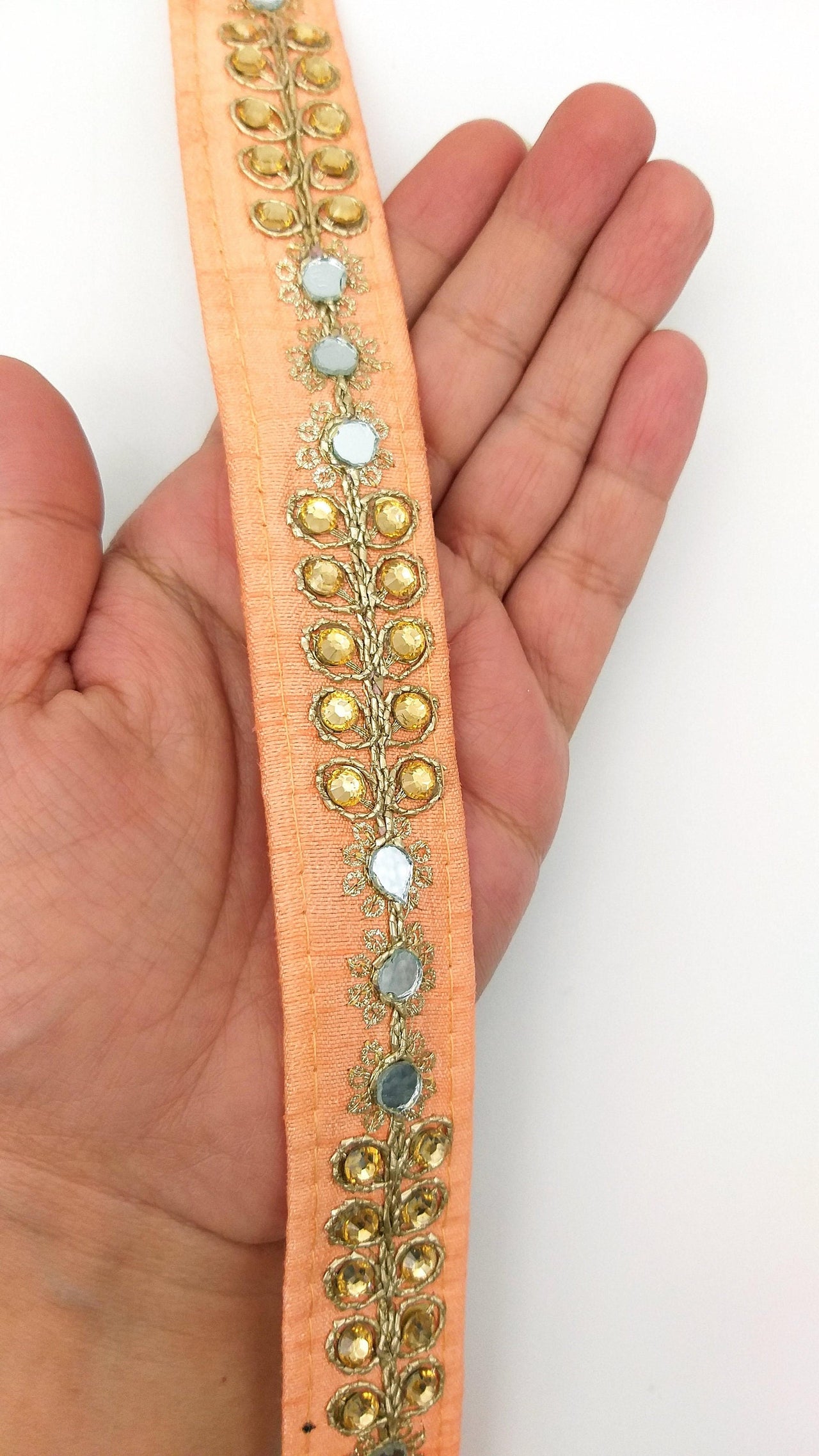 Peach Art Silk Trim With Kundan Stones, Beads And Mirrors Embellishments, Approx. 22mm