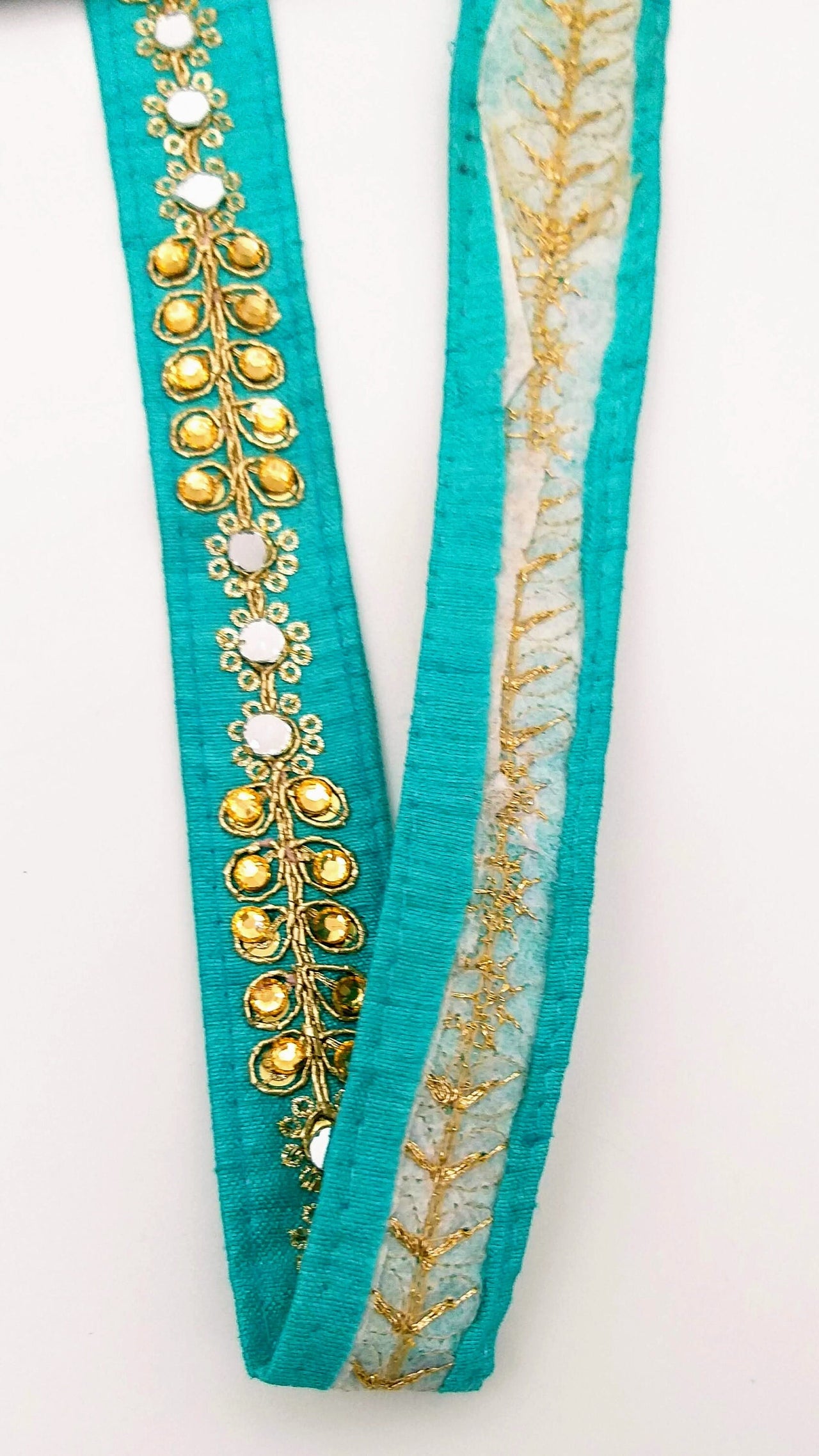 Cyan Blue Art Silk Trim With Kundan Stones, Beads And Mirrors Embellishments, Approx. 22mm