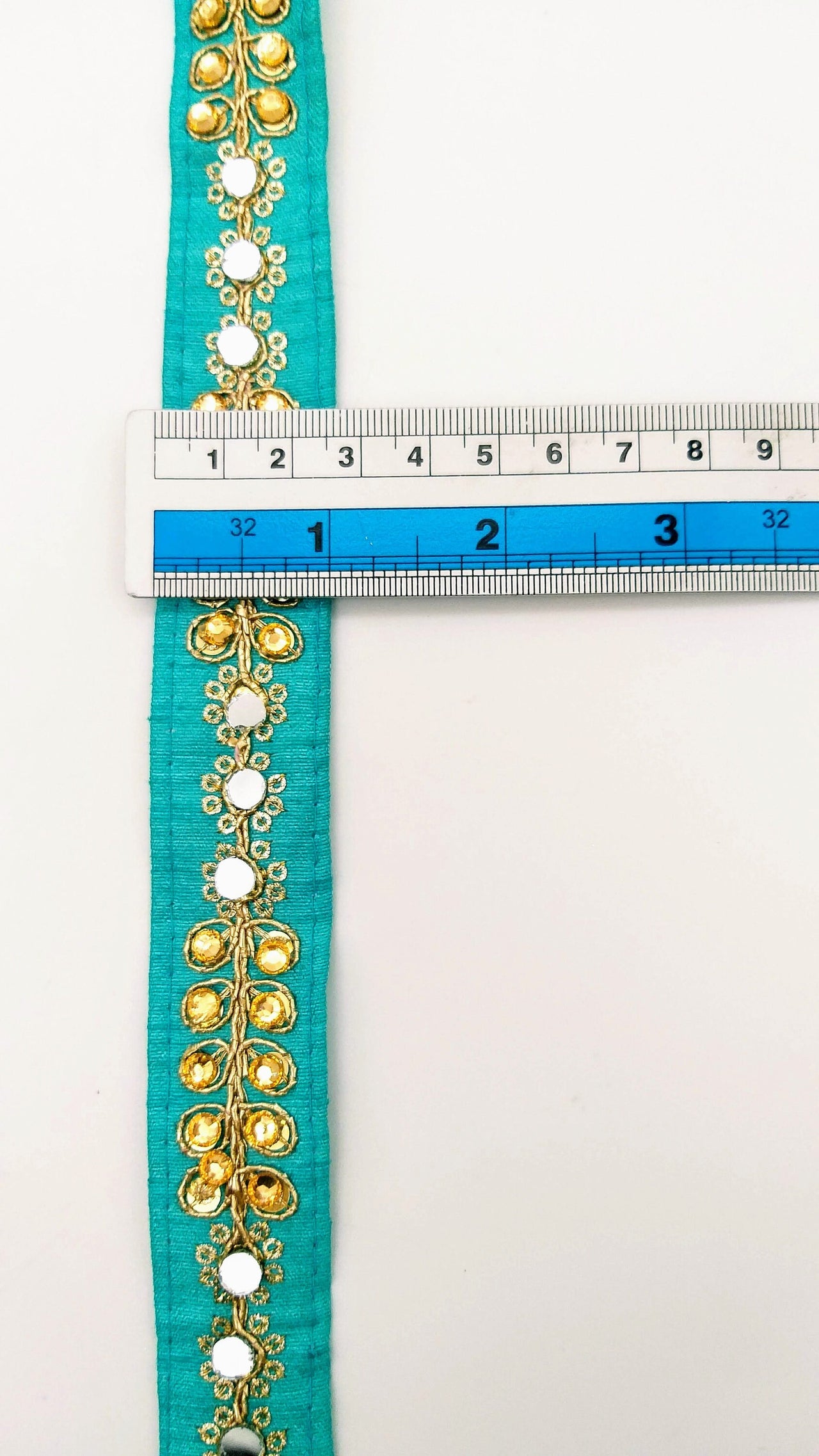 Cyan Blue Art Silk Trim With Kundan Stones, Beads And Mirrors Embellishments, Approx. 22mm