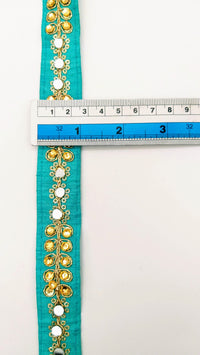 Thumbnail for Cyan Blue Art Silk Trim With Kundan Stones, Beads And Mirrors Embellishments, Approx. 22mm