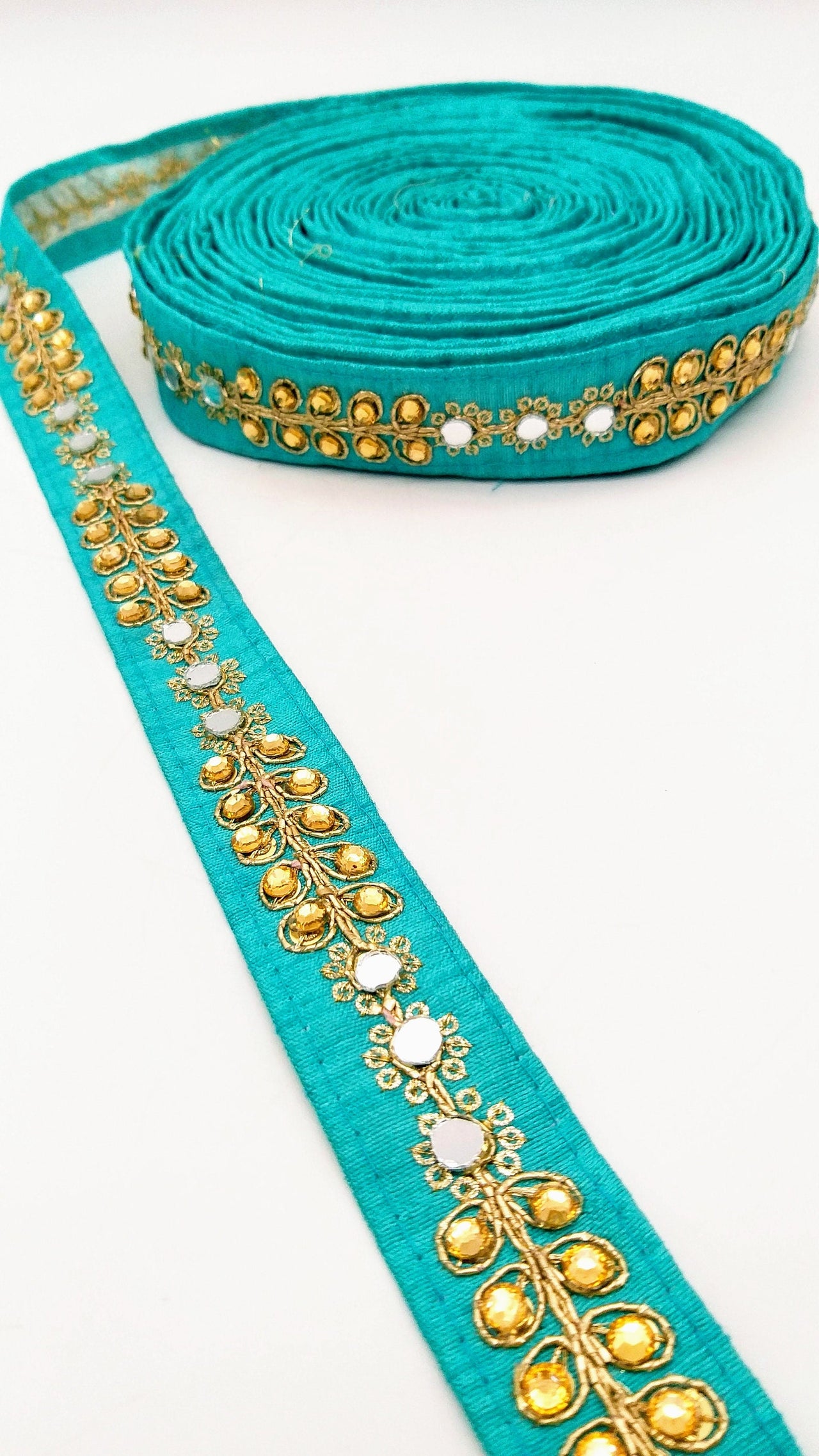 Cyan Blue Art Silk Trim With Kundan Stones, Beads And Mirrors Embellishments, Approx. 22mm