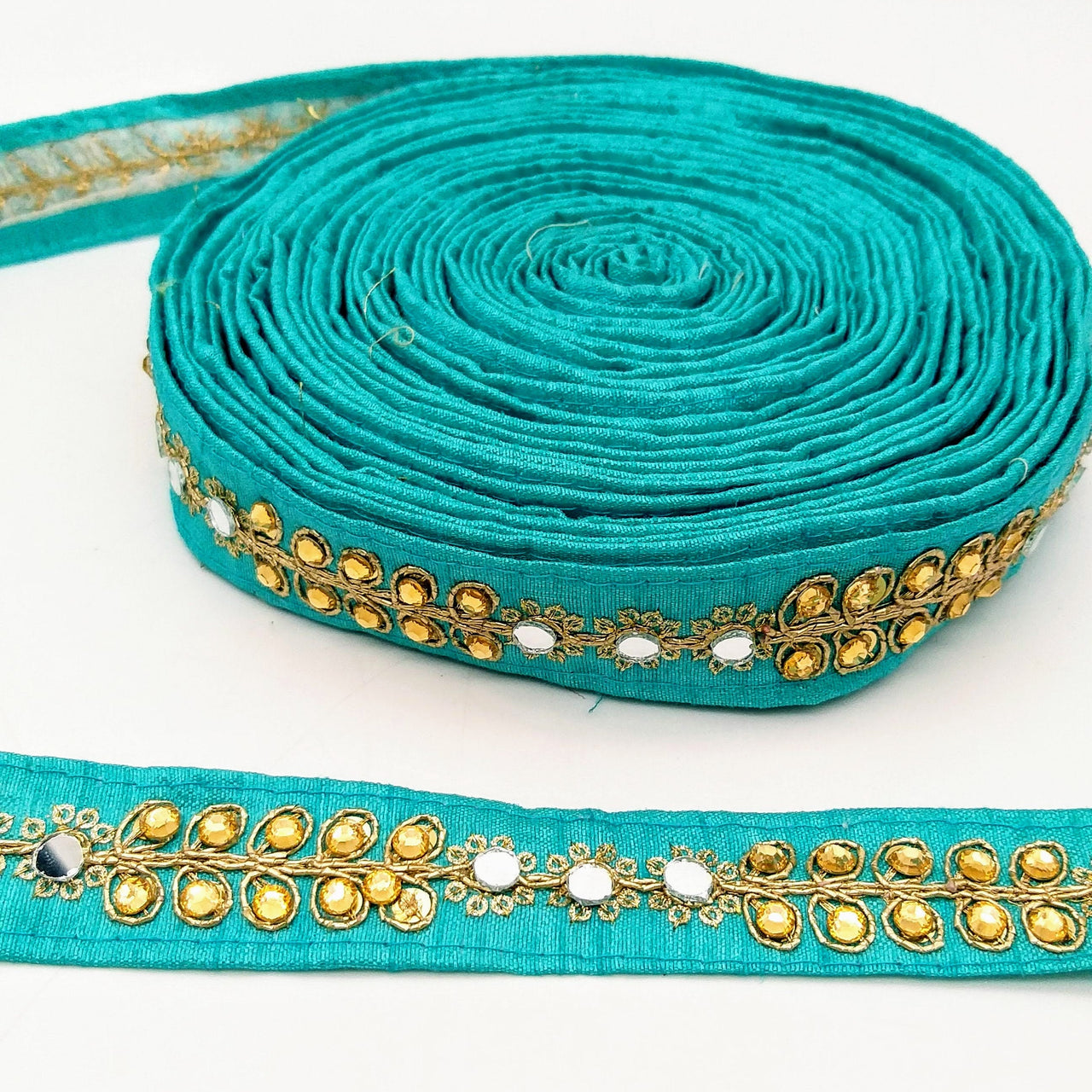 Cyan Blue Art Silk Trim With Kundan Stones, Beads And Mirrors Embellishments, Approx. 22mm